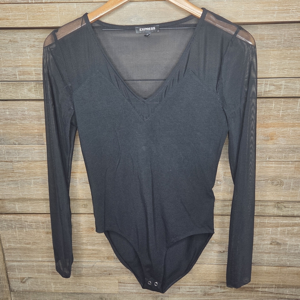 Express Black Mesh Long Sleeve V-Neck Snap Button Bodysuit Medium